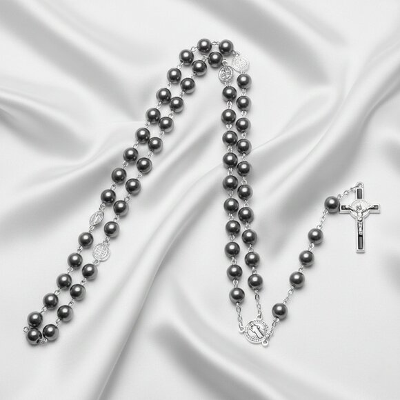 Hematite Beaded Catholic Rosary Prayer Crucifix Silver Tone Gothic Necklace NWOT - Picture 10 of 10